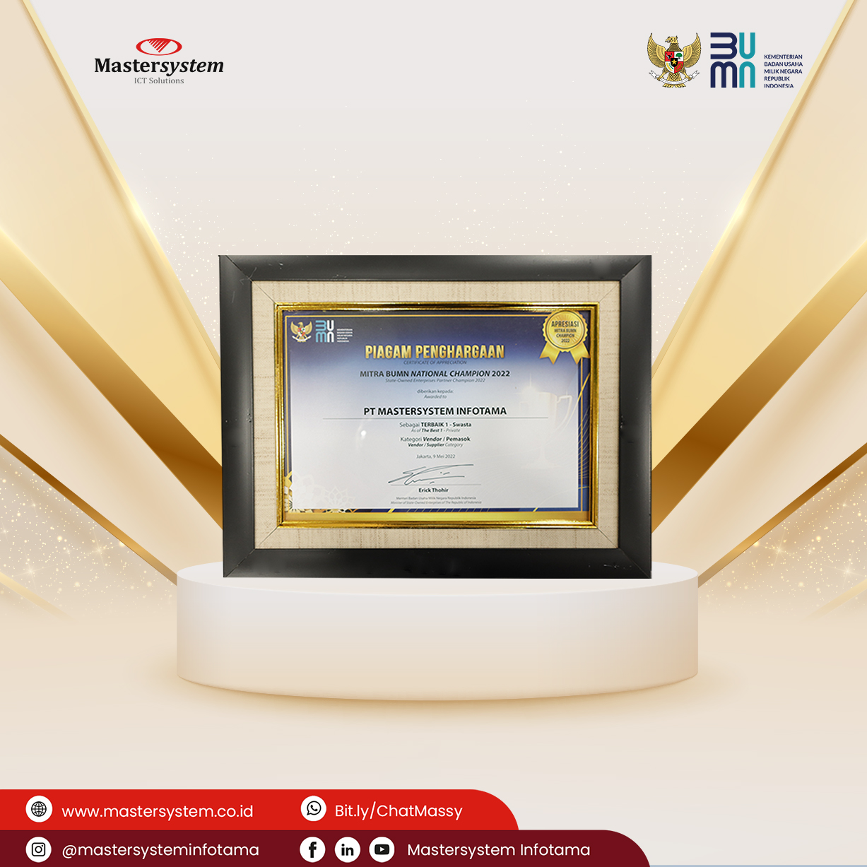 Mastersystem raih penghargaan “Terbaik 1 – Swasta” dalam Apresiasi Mitra BUMN